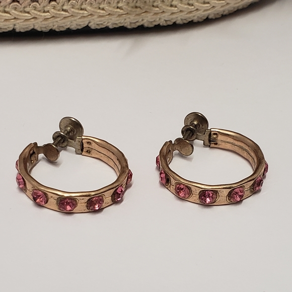 Vintage Gold Plated Pink Crystal Hoop Earrings Screw Back Earrings - Picture 2 of 7